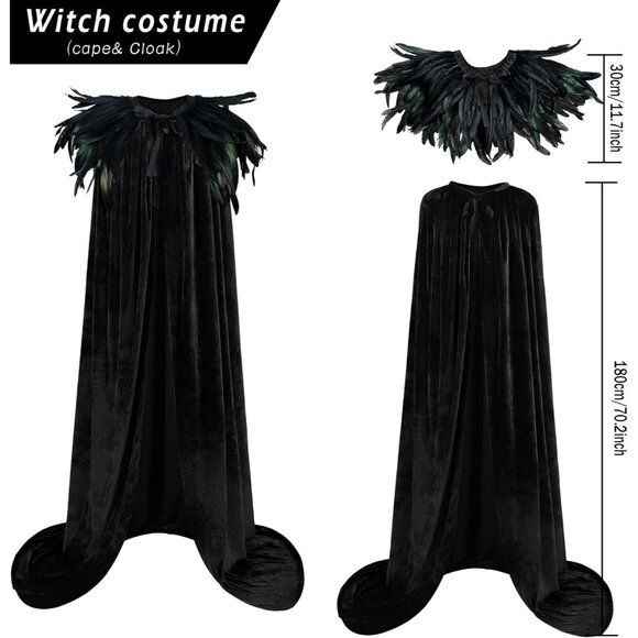 Women Feather Collar Velvet Cloak Vampire Cape Witch Queen Cosplay Costume - Picture 7 of 8